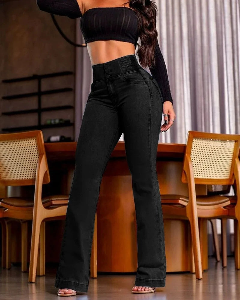2026 Retro Elastic High-Waist Jeans Slim Bootcut Butt-Lifting Tummy Control Curvy-Friendly Denim Trousers