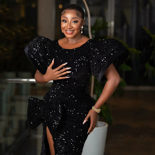 2023 African-American Evening Dress Black Sequin Round Neck Puffed Sleeve High Slit Floor-Length Fishtail Dress