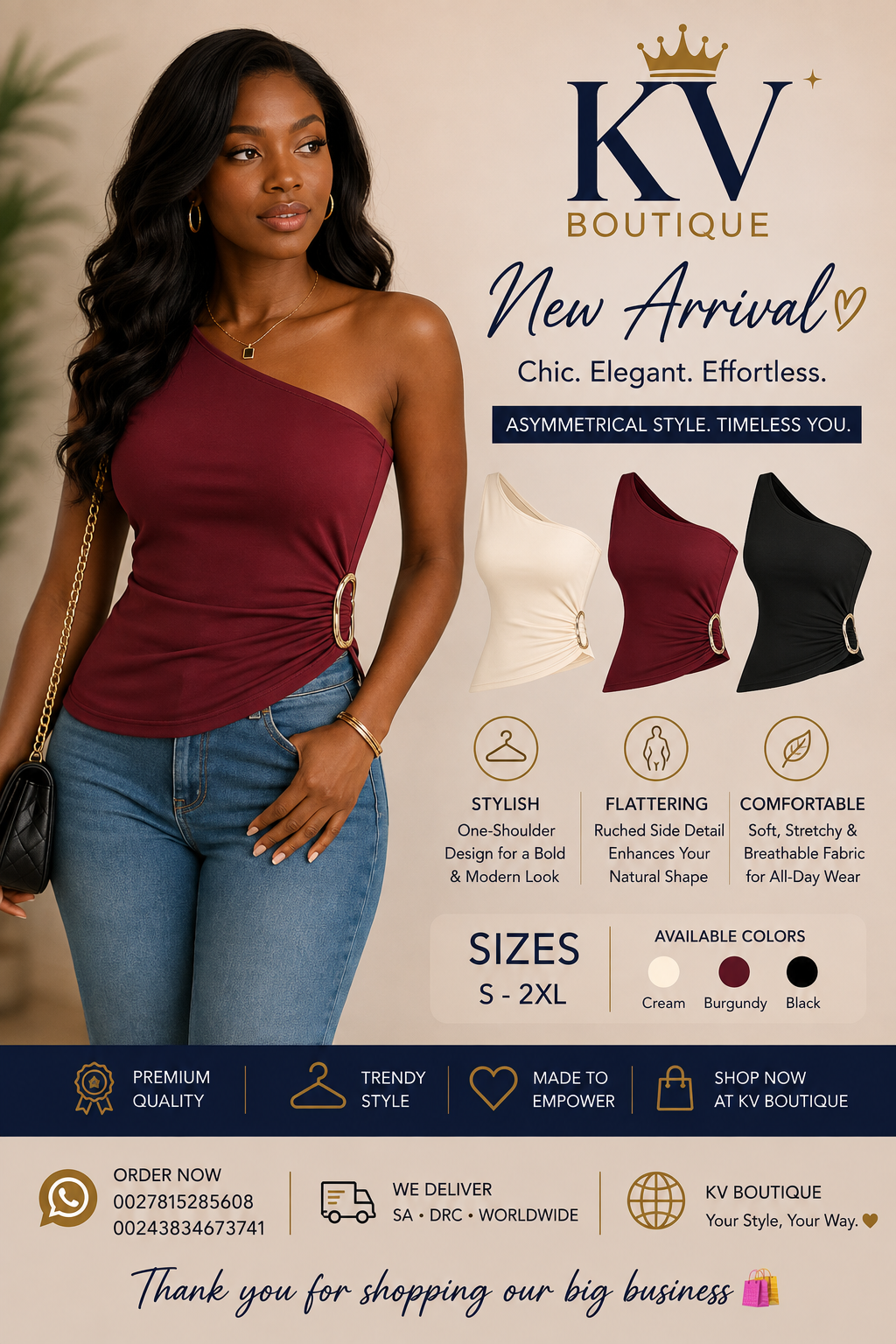 One-Shoulder Ruched Top – Cream, Burgundy & Black | Haut Froncé Épaule Dénudée – Crème, Bordeaux & Noir