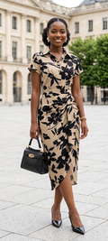Black Floral Print Wrap Midi Dress | Robe Midi Imprimé Floral Noir