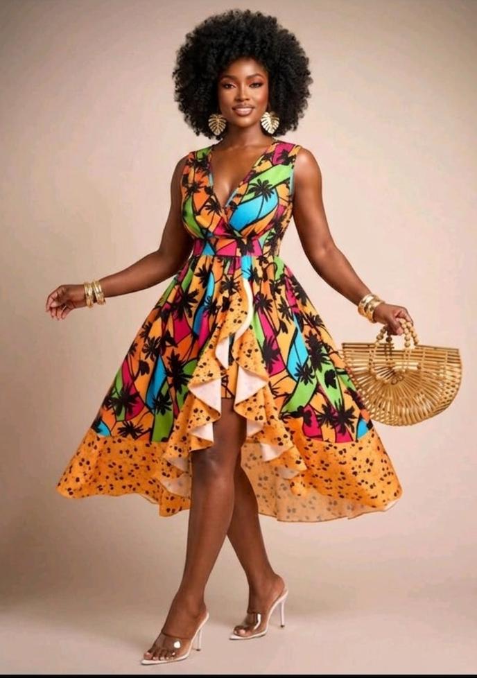 Tropical Print Ruffle High-Low Dress | Robe asymétrique volantée à imprimé tropical